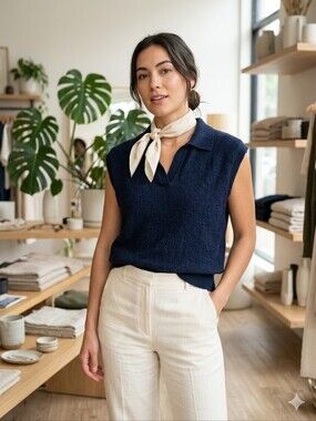 Zara Bouclé Knit Sleeveless Polo Sweater Vest Navy Small NWOT